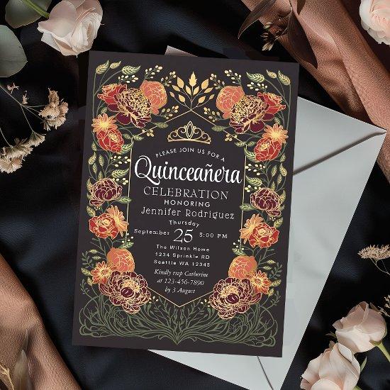 Red & Black Enchanted Garden Floral Quinceanera