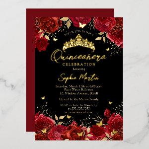 Red Black Enchanting Floral Butterfly Quinceanera Foil