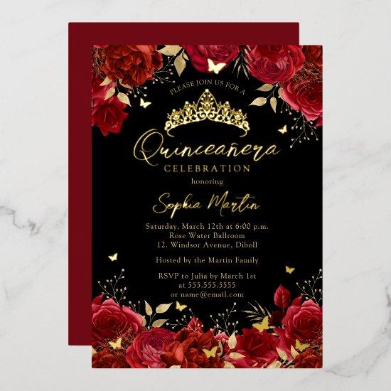 Red Black Enchanting Floral Butterfly Quinceanera Foil