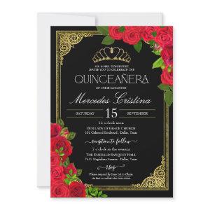 Red Black & Gold Elegant Roses Quinceanera