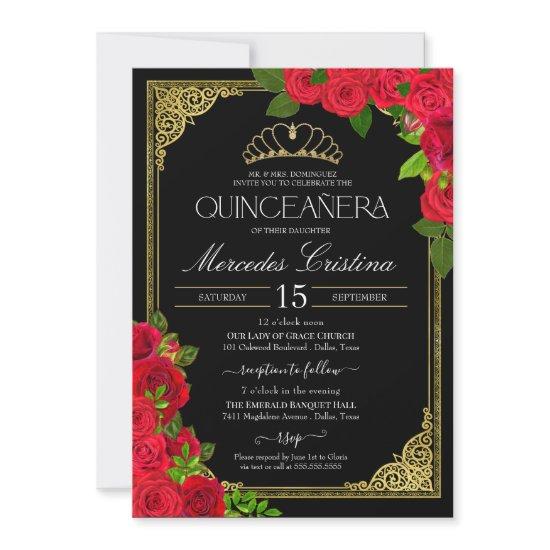 Red Black & Gold Elegant Roses Quinceanera