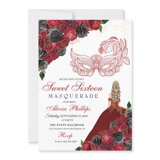 Red Black Gold Glitter Sweet 16 Masquerade