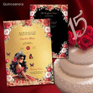Red Black Quinceanera Dress Floral Butterflies