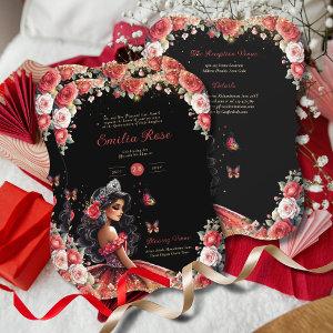 Red Black Quinceanera Dress Floral Butterflies