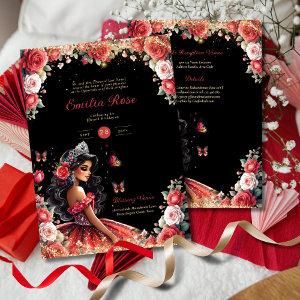 Red Black Quinceanera Dress Floral Butterflies