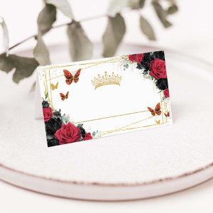 Red Black Rose Floral Gold Butterflies Quinceañera Place Card