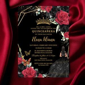 Red Black Roses Floral Dress Gold Quinceañera XV