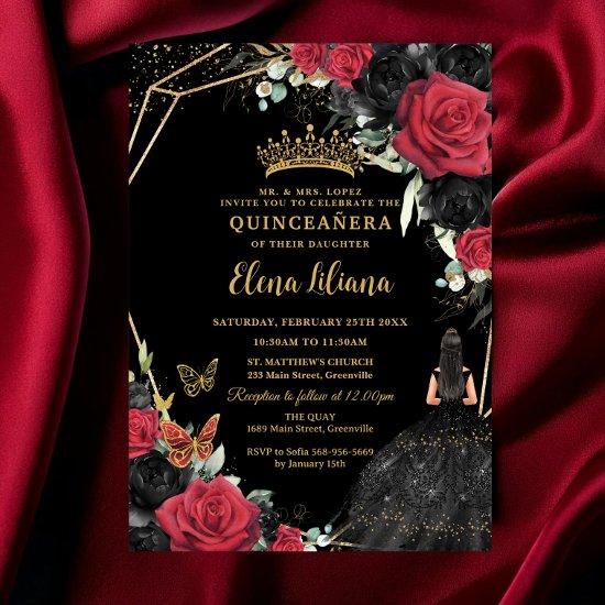 Red Black Roses Floral Dress Gold Quinceañera XV