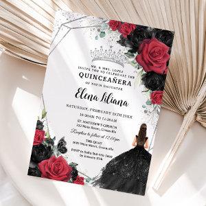Red Black Roses Floral Dress Silver Quinceañera