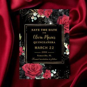 Red Black Roses Floral Gold Quinceanera Sweet 16 Save The Date