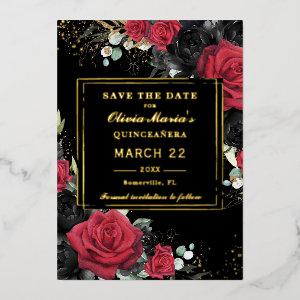 Red Black Roses Floral Quinceanera Save the Date Foil