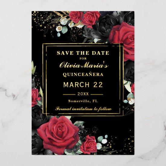 Red Black Roses Floral Quinceanera Save the Date Foil