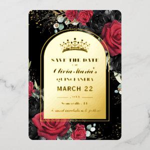 Red Black Roses Floral  Quinceañera Save the Date Foil