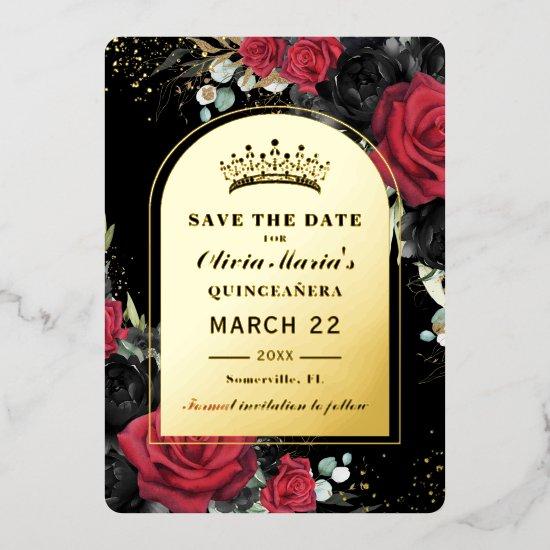 Red Black Roses Floral  Quinceañera Save the Date Foil