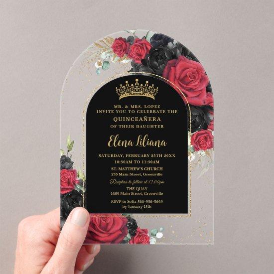 Red Black Roses Floral Quinceanera Sweet 16 Arch Acrylic