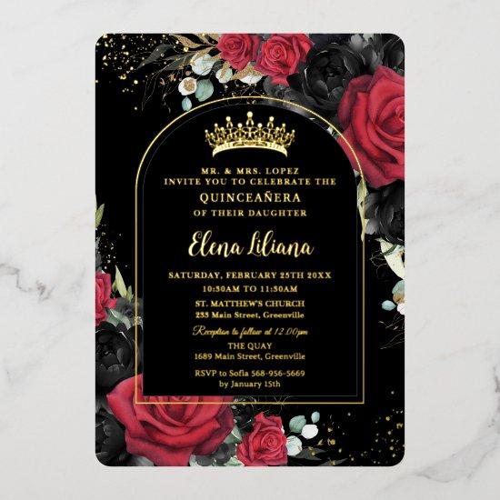 Red Black Roses Floral Quinceanera Sweet 16 Arch Foil