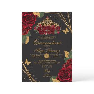Red Black Roses Tiara Gold Glitter Quinceañera
