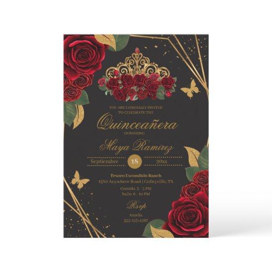 Red Black Roses Tiara Gold Glitter Quinceañera