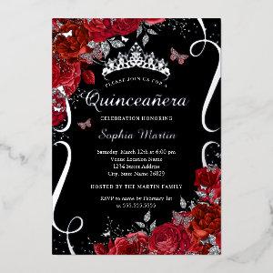 Red Black Silver Floral Butterfly Quinceanera  Foil