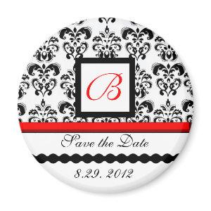 RED BLACK WHITE DAMASK MONOGRAM,Save The Date Magnet