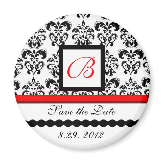 RED BLACK WHITE DAMASK MONOGRAM,Save The Date Magnet