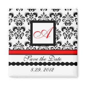 RED BLACK WHITE DAMASK MONOGRAM,Save The Date Magnet