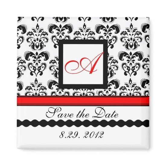 RED BLACK WHITE DAMASK MONOGRAM,Save The Date Magnet