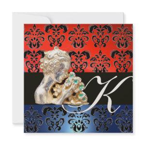 RED BLUE ,BLACK, WHITE DAMASK JEWEL MONOGRAM