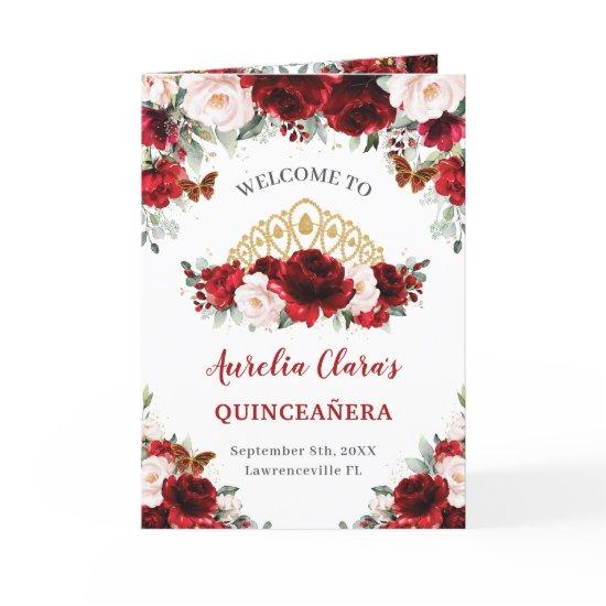 Red Blush Floral Gold Quinceañera Order of Events  Program