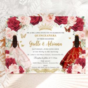 Red Blush Pink Floral Twins Gold Quinceañera
