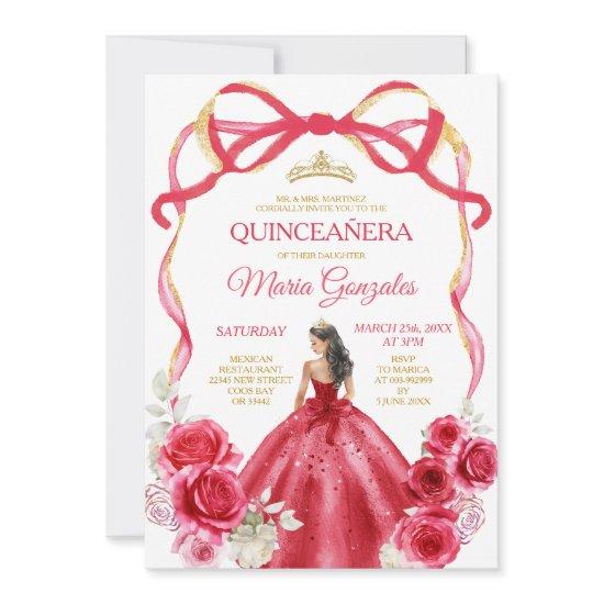 Red Bow Frame Princess Gold Crown Girl Quinceañera