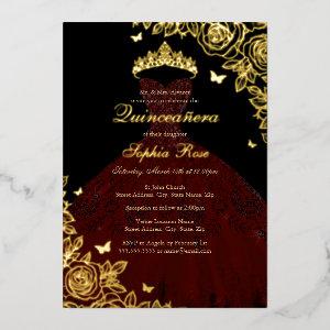 Red Burgundy Black Gold Rose Dress Quinceanera Foil