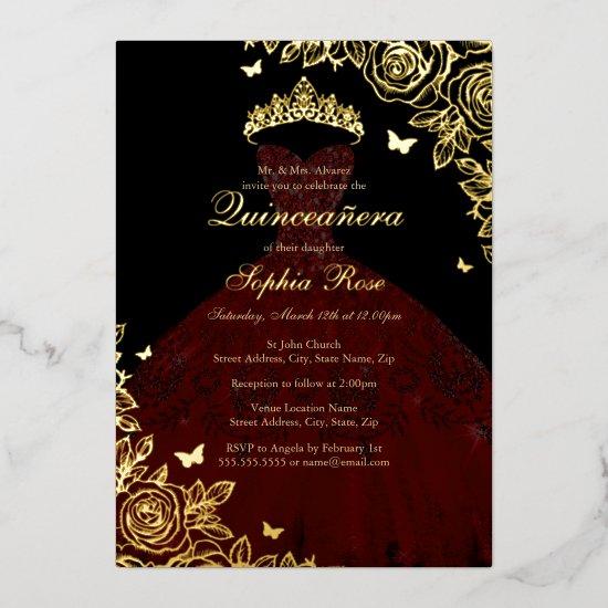 Red Burgundy Black Gold Rose Dress Quinceanera Foil