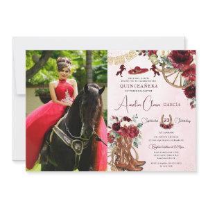 Red Burgundy Floral Charro Cowgirl Quinceanera