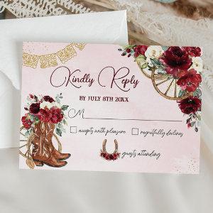 Red Burgundy Floral Charro West Quinceañera Reply RSVP Card