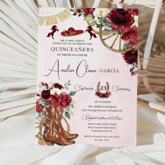 Red Burgundy Floral Charro Western Quinceanera