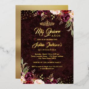 Red Burgundy Gold Floral Quinceanera  Foil