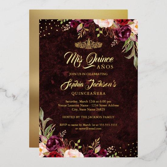 Red Burgundy Gold Floral Quinceanera  Foil