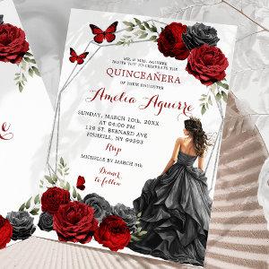 Red Burgundy Roses Black Dress Quinceañera