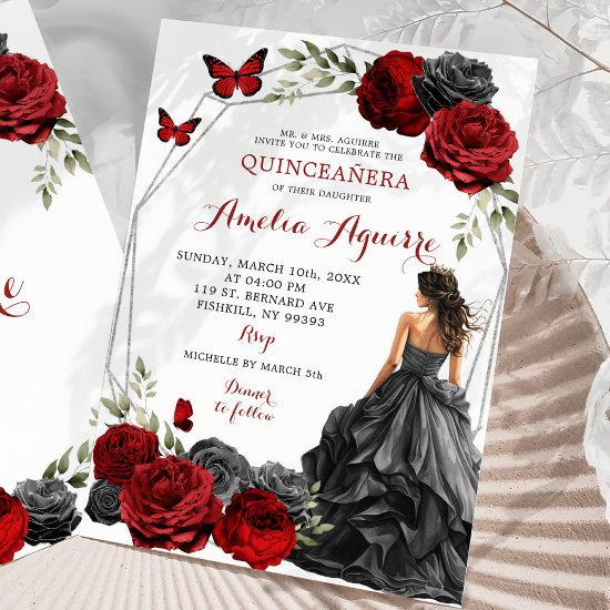 Red Burgundy Roses Black Dress Quinceañera