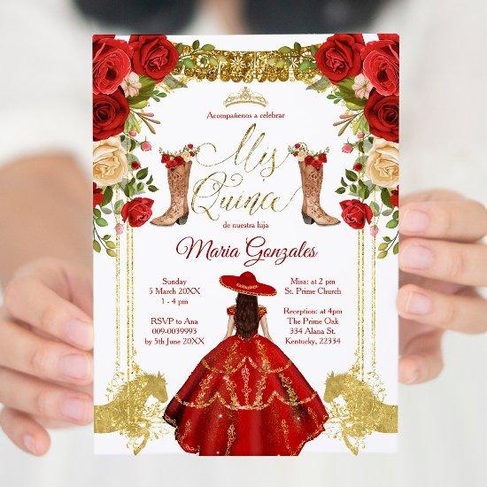 Red Charro Dress and boots Mexican Mis Quince