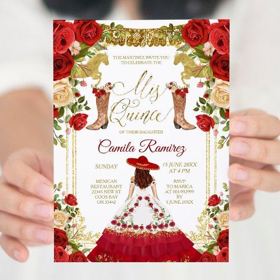Red Charro Dress & Mexican Boots Girl Sweet 15th
