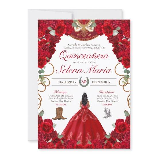 Red Charro Elegant Roses Quinceanera