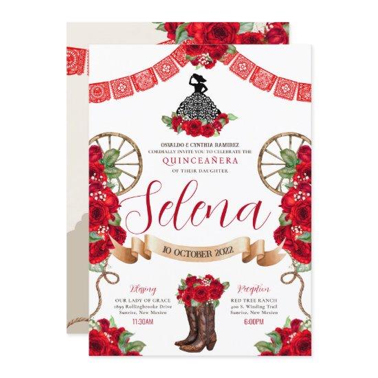 Red Charro Quinceanera Papel Picado Western Roses