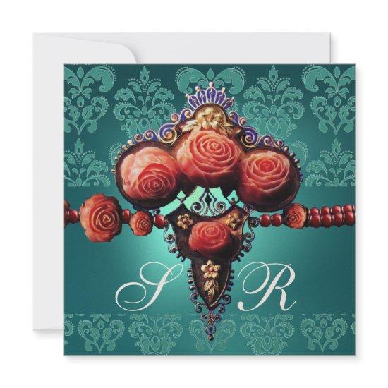 RED CORAL ROSES,AQUA BLUE BLACK DAMASK MONOGRAM