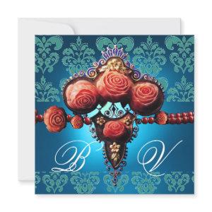 RED CORAL ROSES,AQUA BLUE BLACK DAMASK MONOGRAM