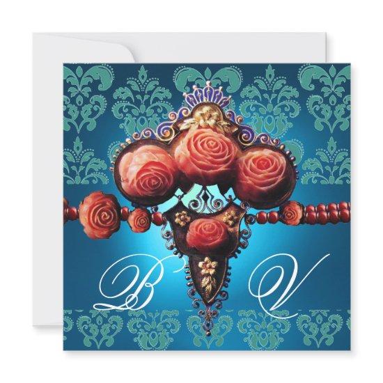 RED CORAL ROSES,AQUA BLUE BLACK DAMASK MONOGRAM