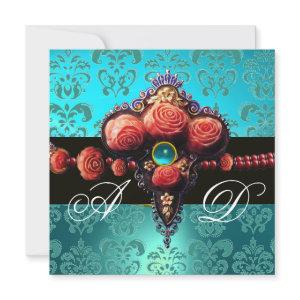 RED CORAL ROSES,AQUA BLUE BLACK DAMASK MONOGRAM