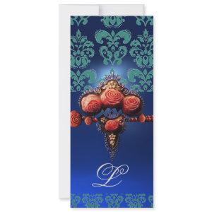 RED CORAL ROSES,AQUA BLUE BLACK DAMASK MONOGRAM