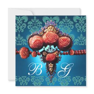 RED CORAL ROSES,AQUA BLUE BLACK DAMASK MONOGRAM